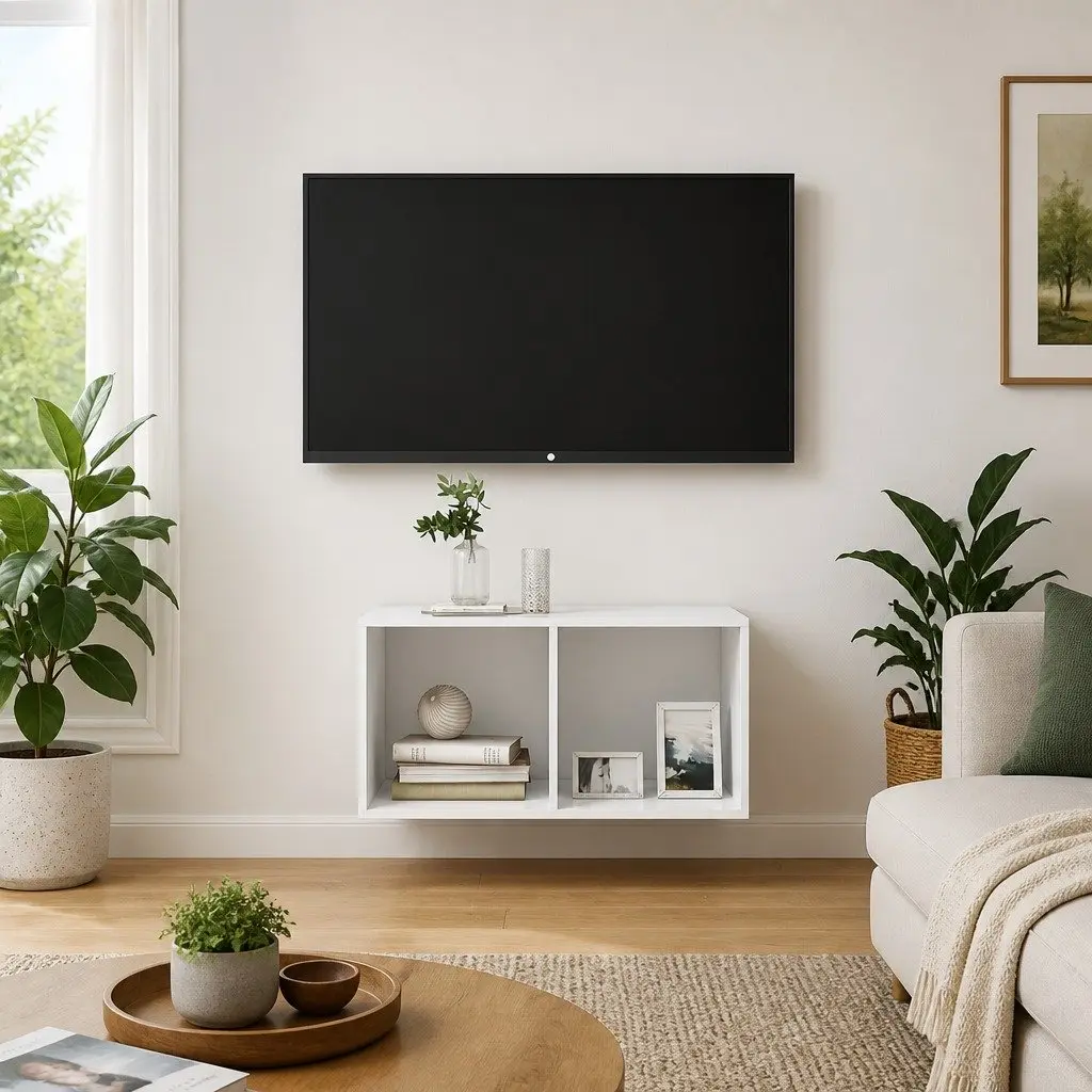 Wall-mounted TV Cabinet White High Gloss 2 Compartment Storage Display Unit