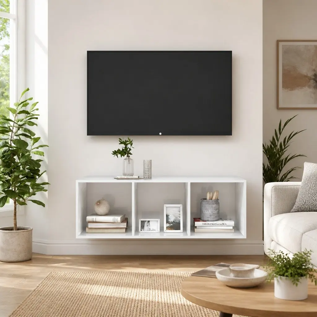 Wall-mounted TV Cabinet High Gloss White 3 Compartments Organised Storage Display