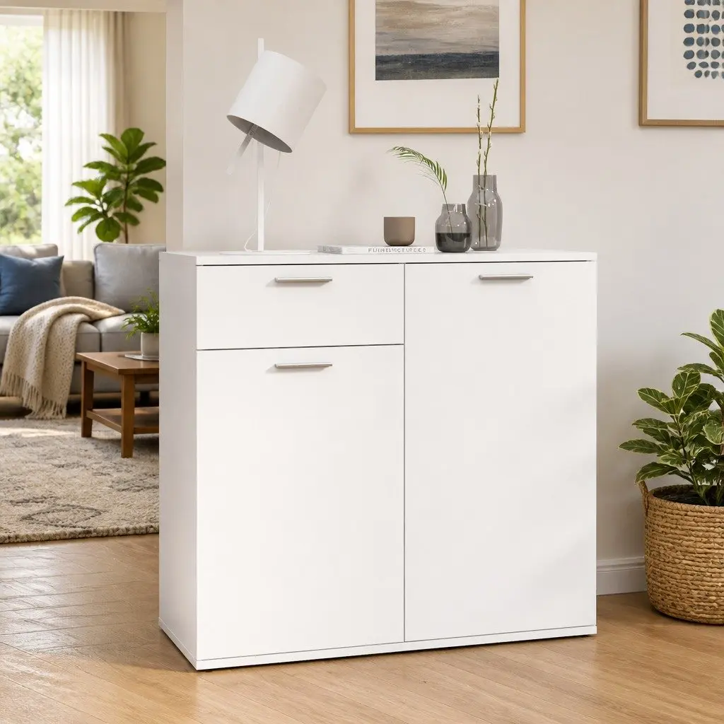 Sideboard Storage Cabinet White 80x36x75cm 2 Doors Drawer Minimalist Home Furniture