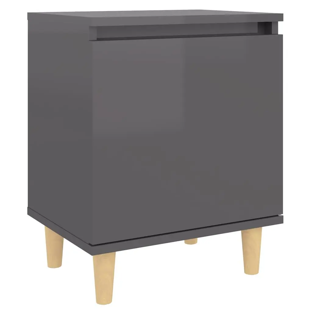 Bedside Table Grey High Gloss Wooden Legs Storage Compartment