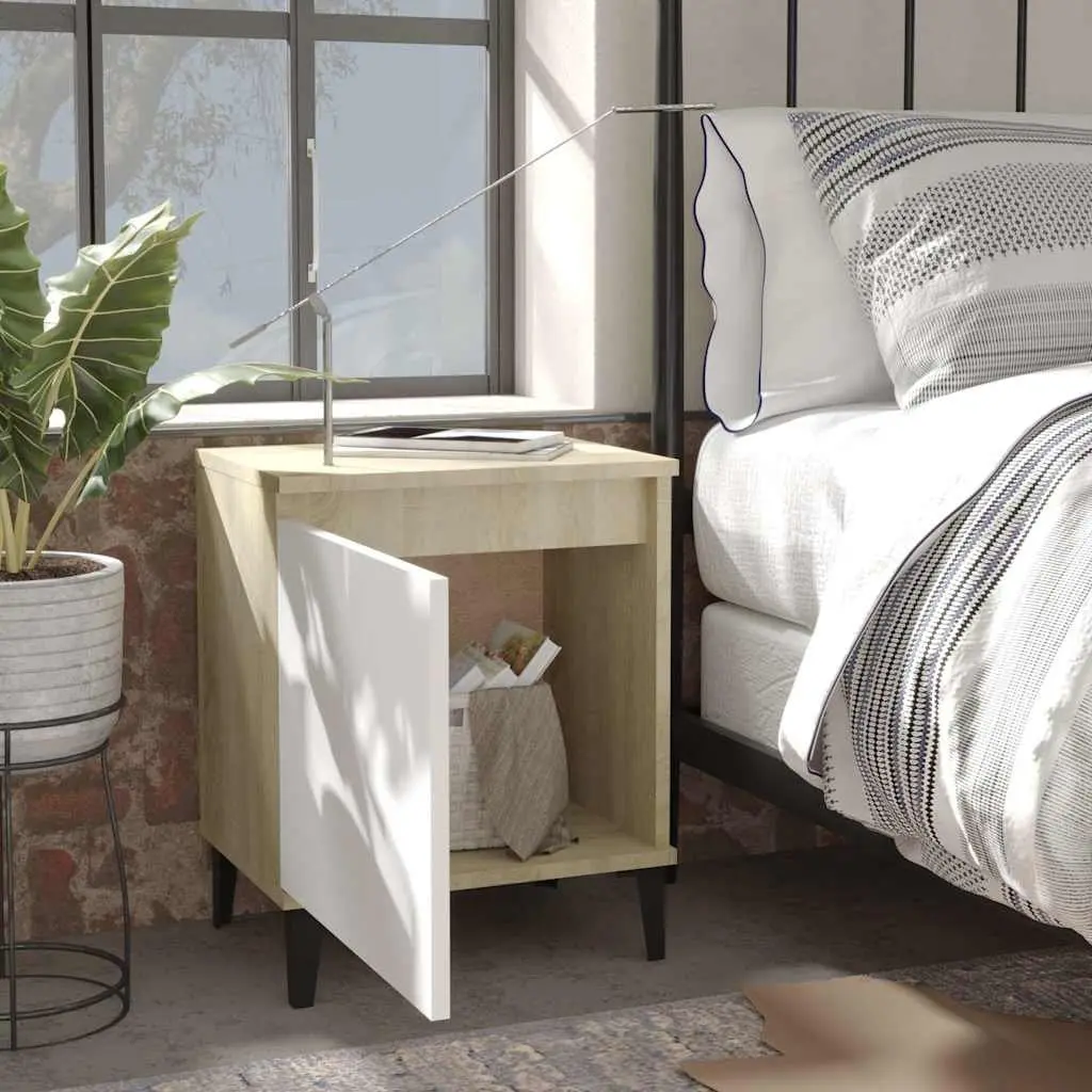 Bedside Table Sonoma Oak and White Metal Legs Industrial Style Nightstand Storage