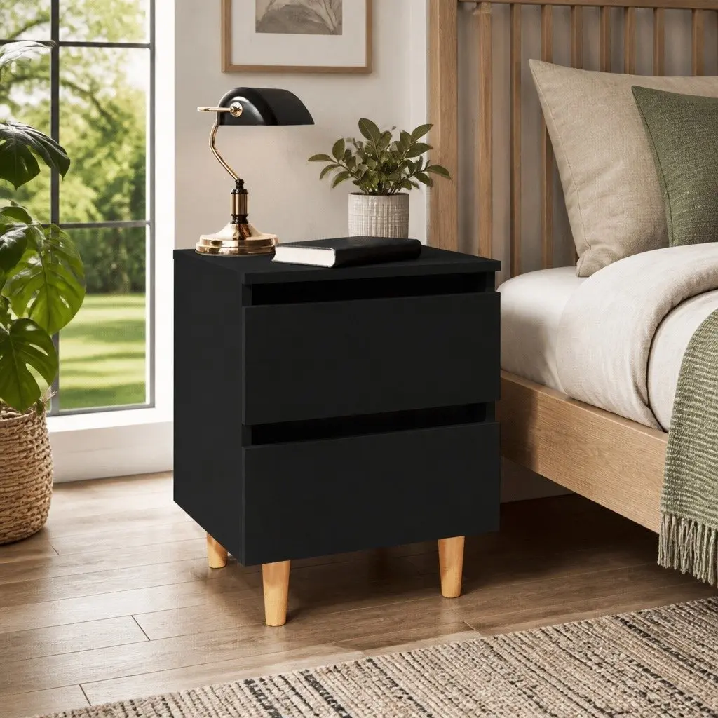 Black 2 Piece Bedside Table Set with Two Drawers for Bedroom Storage Cabinet Nightstand