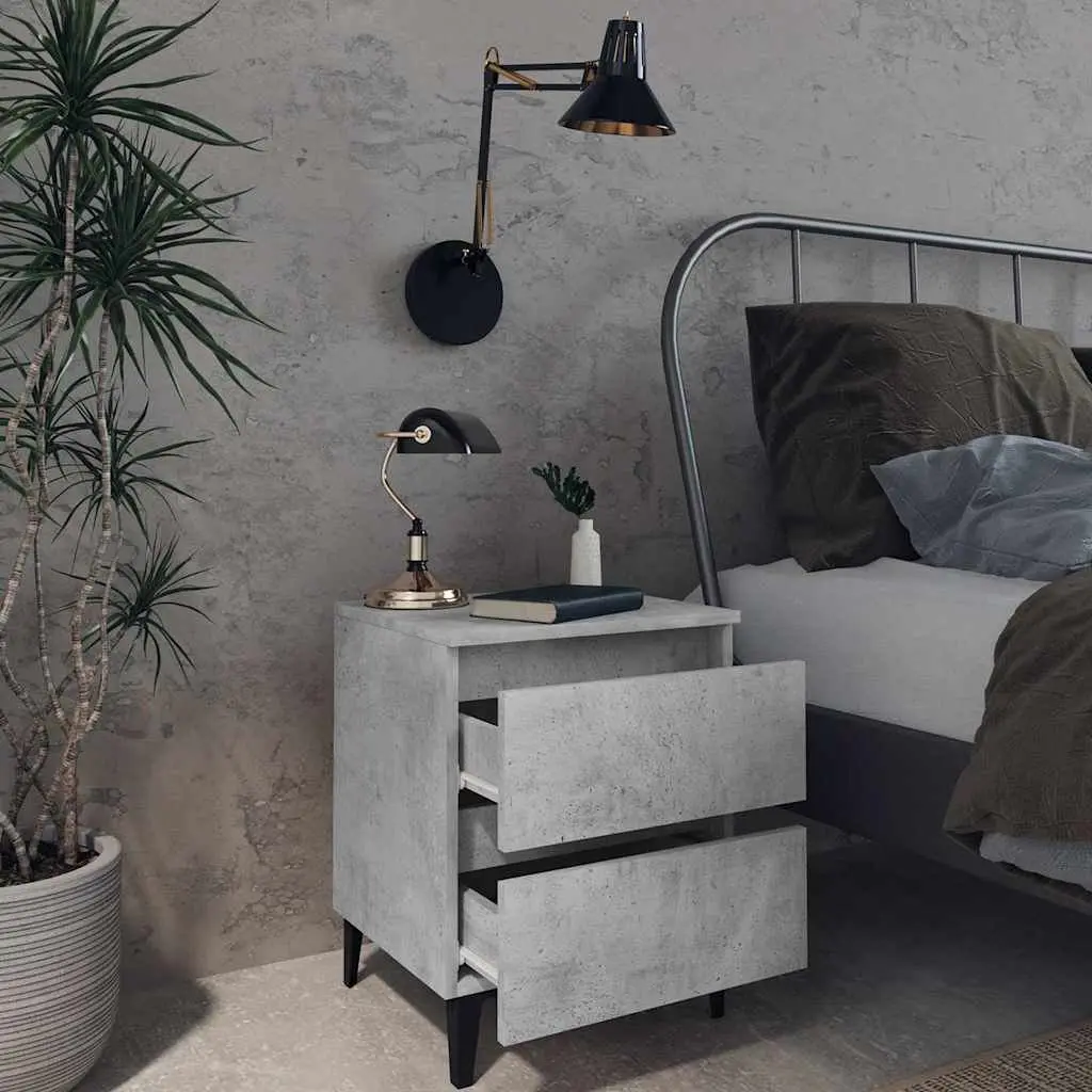Grey Concrete Two Drawer Bedside Table Engineered Wood with Metal Legs for Bedroom Storage