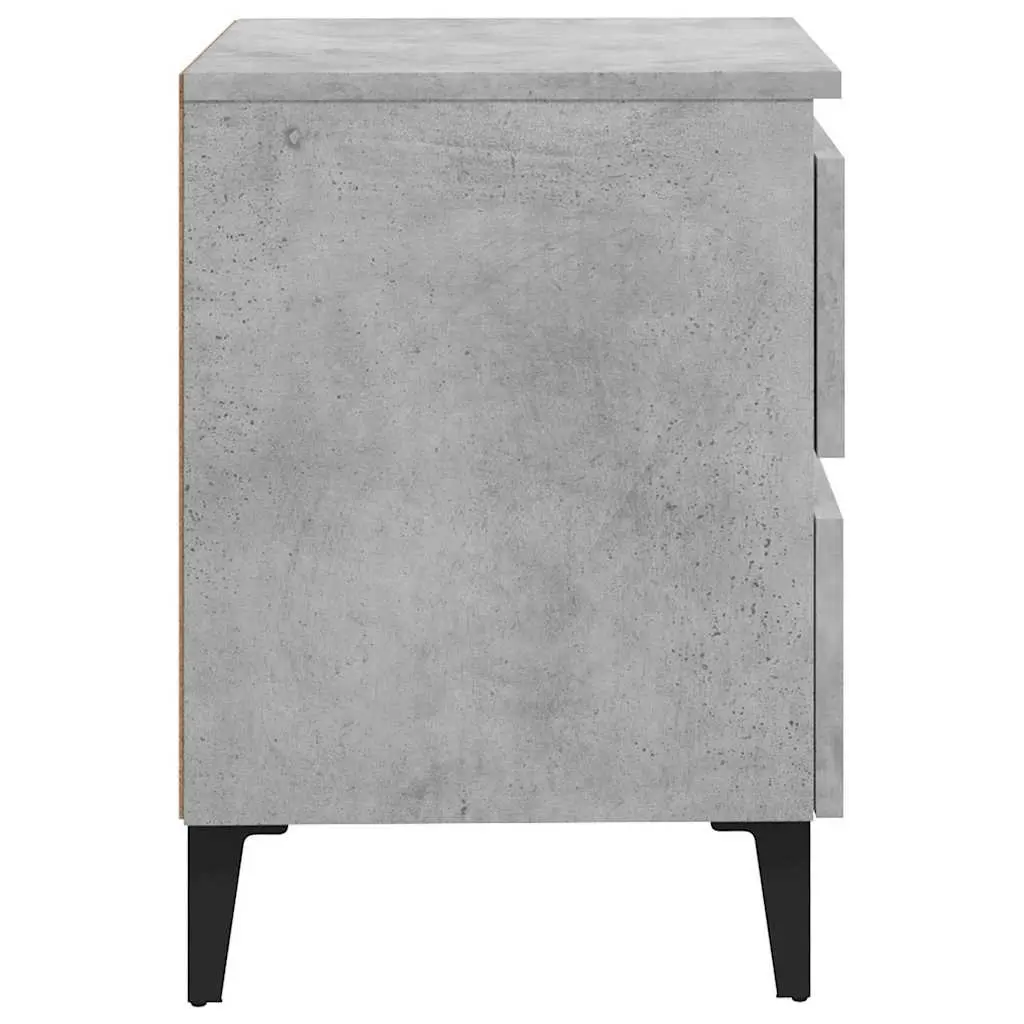 Grey Concrete Two Drawer Bedside Table Engineered Wood with Metal Legs for Bedroom Storage