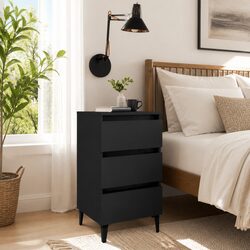 Bedside Table Black with Metal Legs Three Drawer Storage Nightstand Cabinet