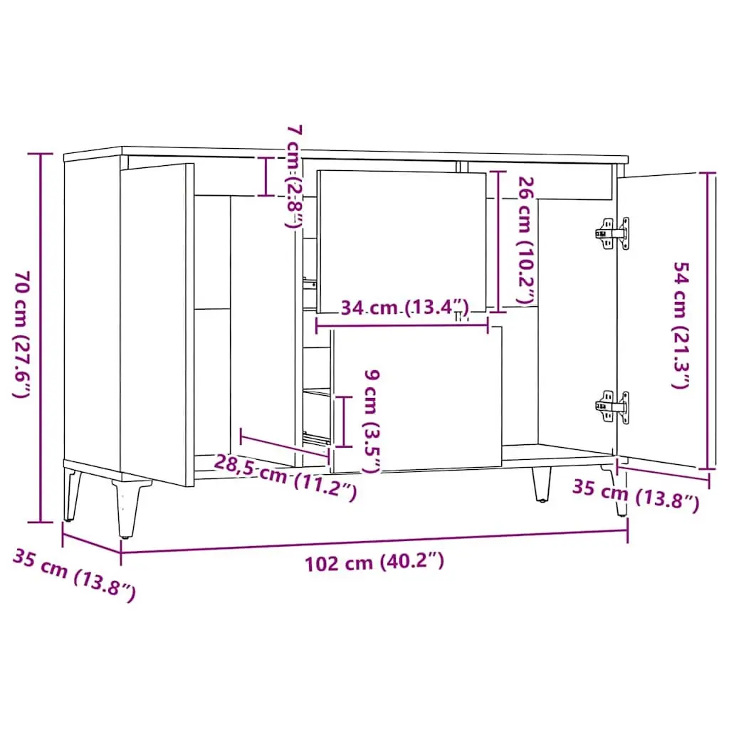 Sideboard Brown 102W x 35D x 70H cm 2 Drawers 2 Doors Storage Cabinet Living Room Furniture