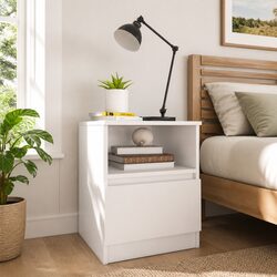 Simple White Nightstand with Drawer and Shelf Space