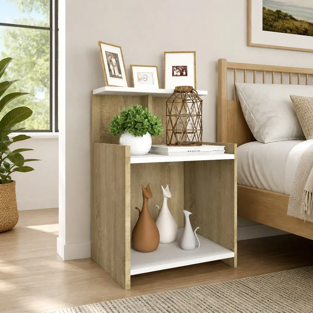 Bedside Table with 3 Open Shelves White Sonoma Oak Nightstand Cabinet Storage