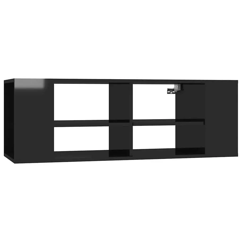 Wall-Mounted TV Cabinet Black High Gloss Engineered Wood Storage Unit Shelving