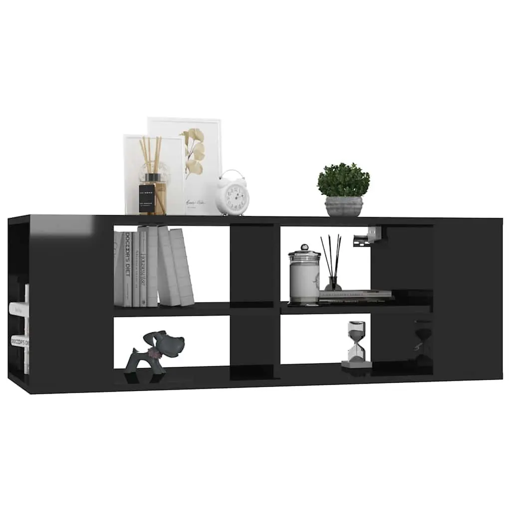 Wall-Mounted TV Cabinet Black High Gloss Engineered Wood Storage Unit Shelving