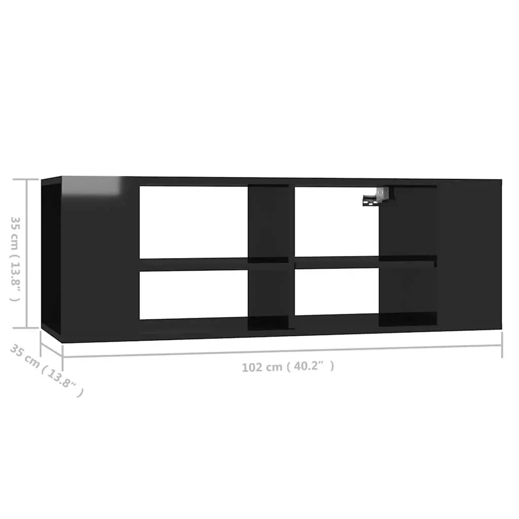 Wall-Mounted TV Cabinet Black High Gloss Engineered Wood Storage Unit Shelving