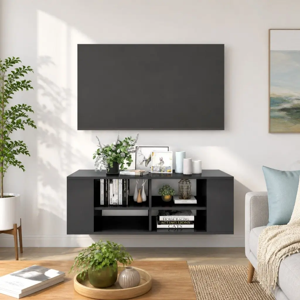 Wall-Mounted TV Cabinet Grey High Gloss Storage Unit Shelving Display Stand