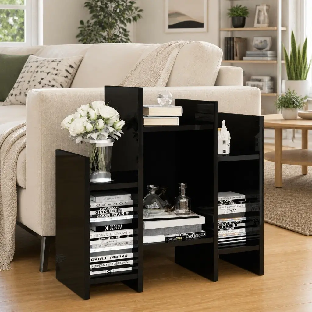 High Gloss Black Side Cabinet Storage Unit with 6 Shelves 60x26x60cm Engineered Wood