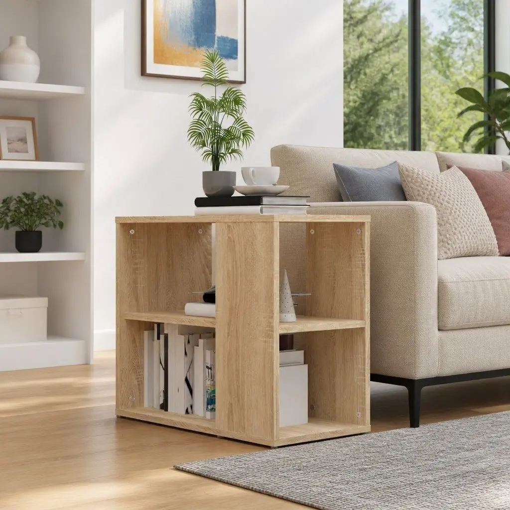 Brown Side Cabinet Organizer Engineered Wood 2 Shelf Storage Furniture
