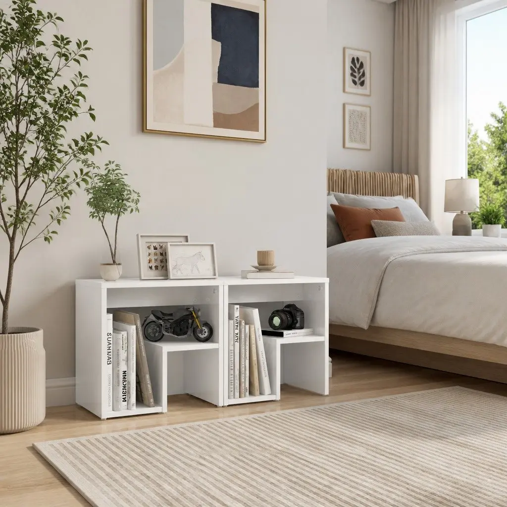 Bedside Tables White 2 Piece High Gloss Storage Shelf