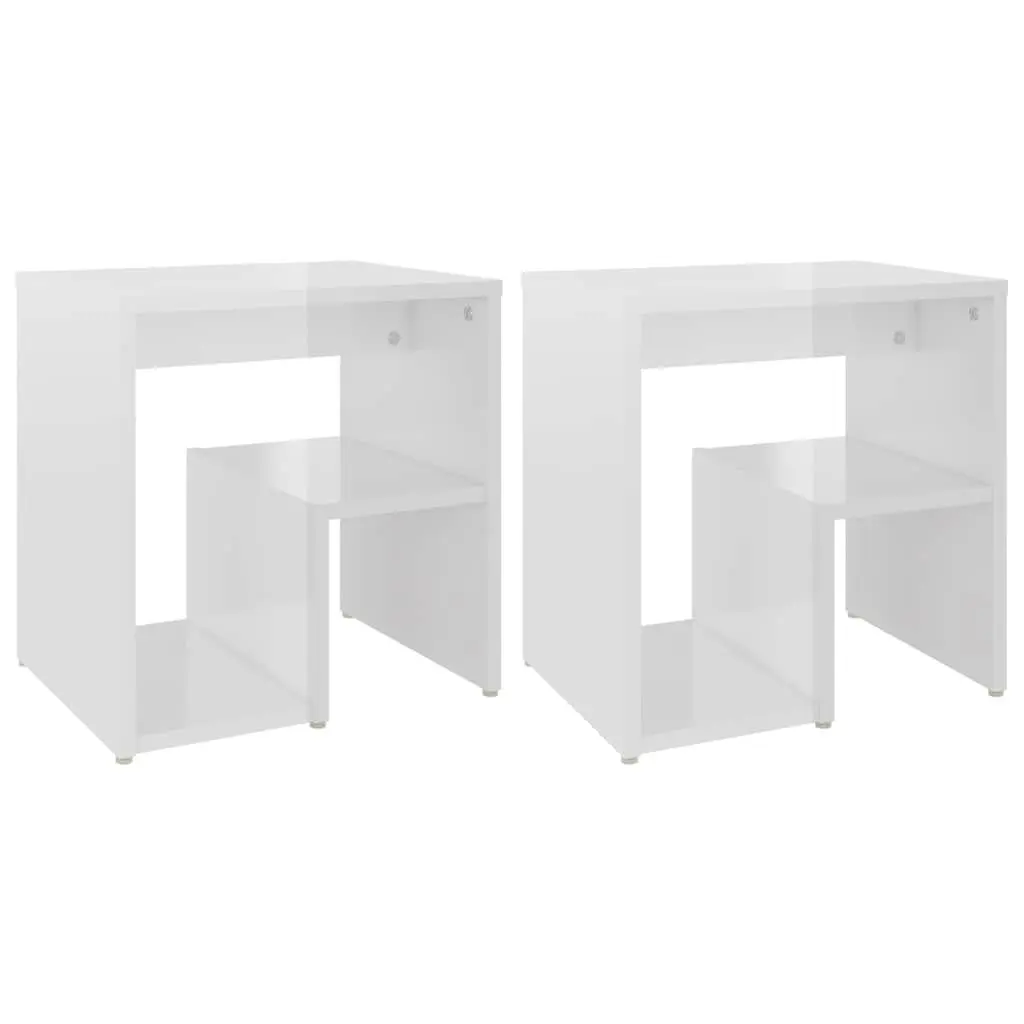 Bedside Tables White 2 Piece High Gloss Storage Shelf