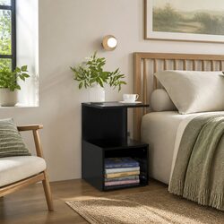 Black Bedside Cabinet with Open Compartments for Storage