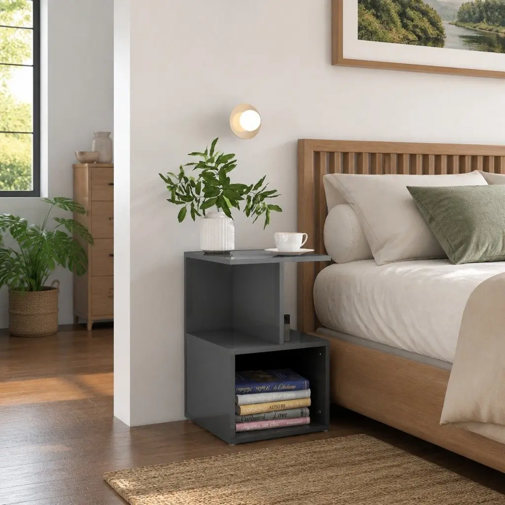Bedside Table Grey Compact Open Compartments Storage Nightstand