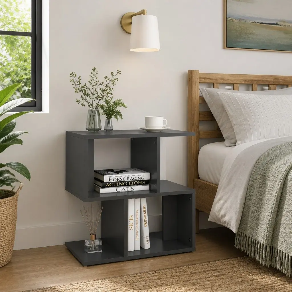 Bedside Cabinet Grey 2 Piece Open Compartments Storage Nightstand Furniture