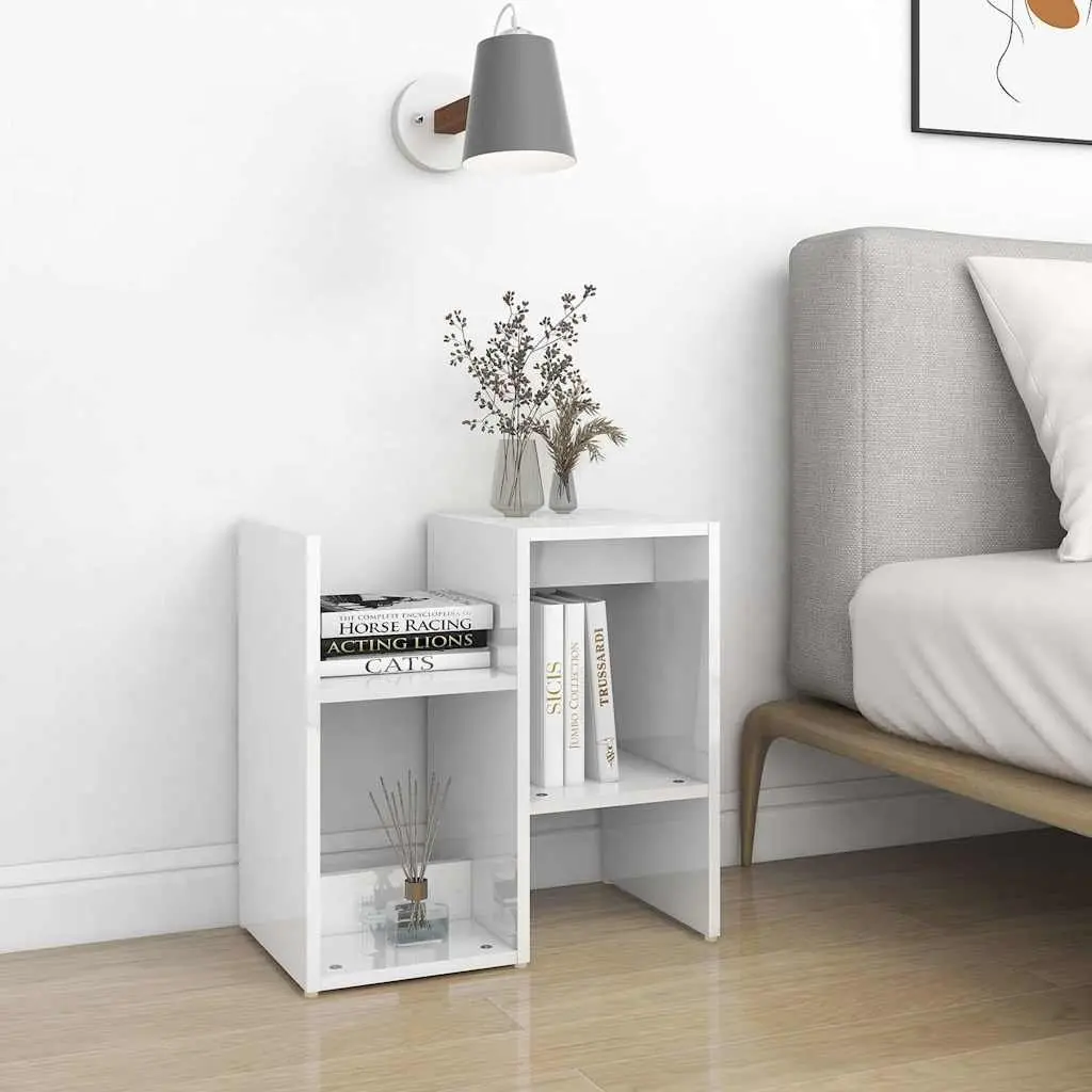 Bedside Cabinet Set White 2 Piece High Gloss Open Compartments
