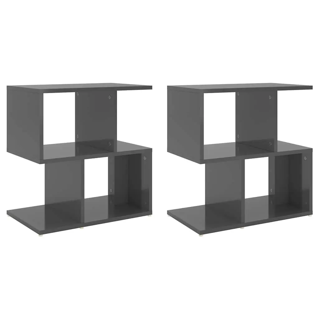 Bedside Cabinet Set Grey High Gloss Open Compartment Storage 2 Piece