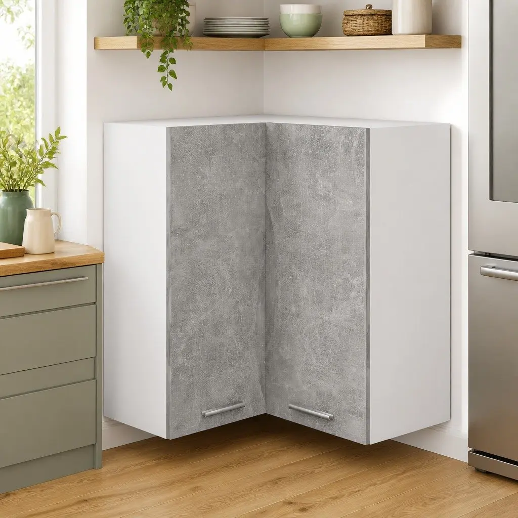 Corner Cabinet Grey Wall Mount 57W x 57D x 60H cm Two Doors Two Shelves