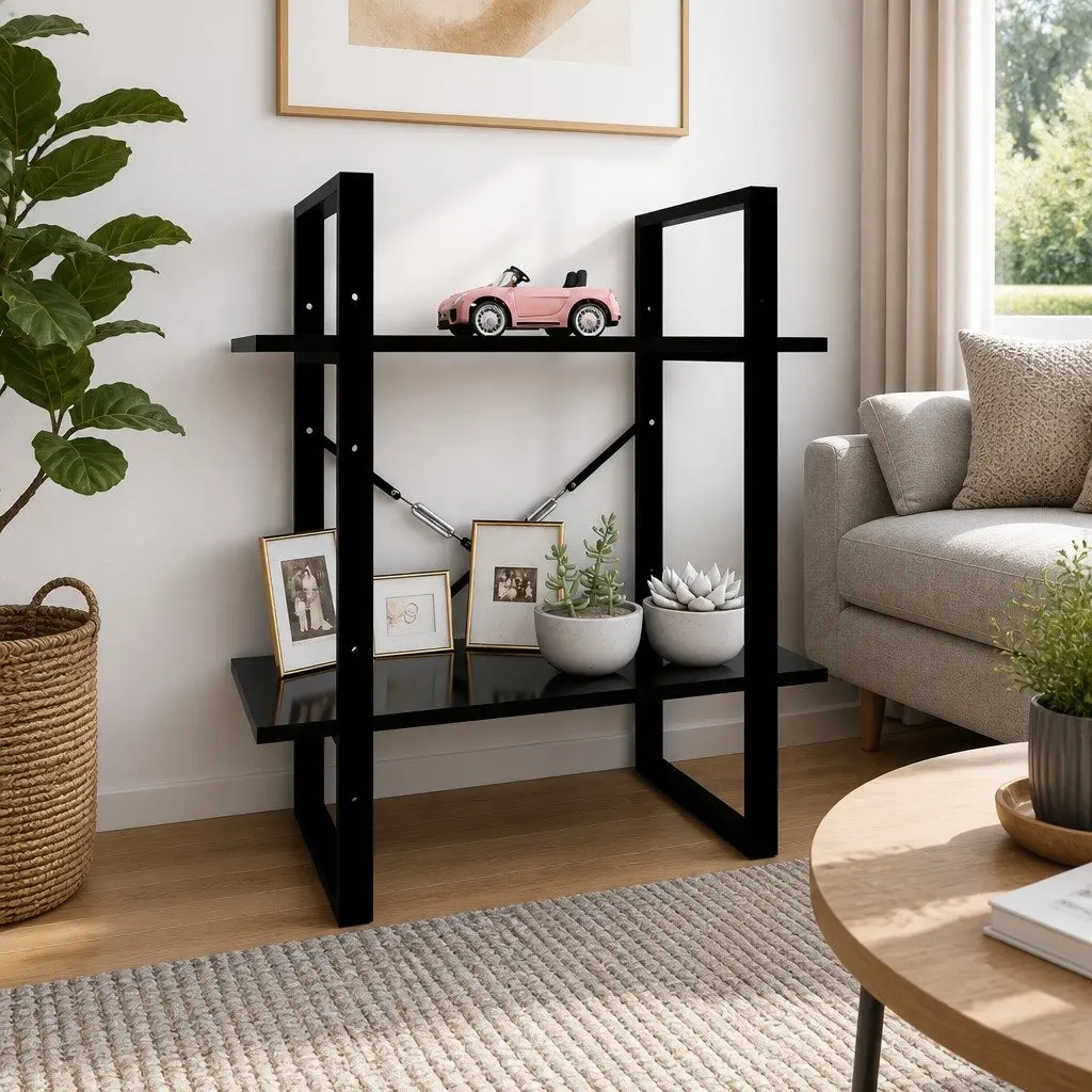 2 Tier Bookshelf Black Engineered Wood Storage Display Cabinet Industrial Style