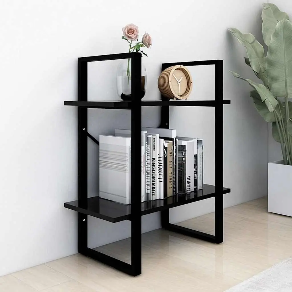 2 Tier Bookshelf Black Engineered Wood Storage Display Cabinet Industrial Style