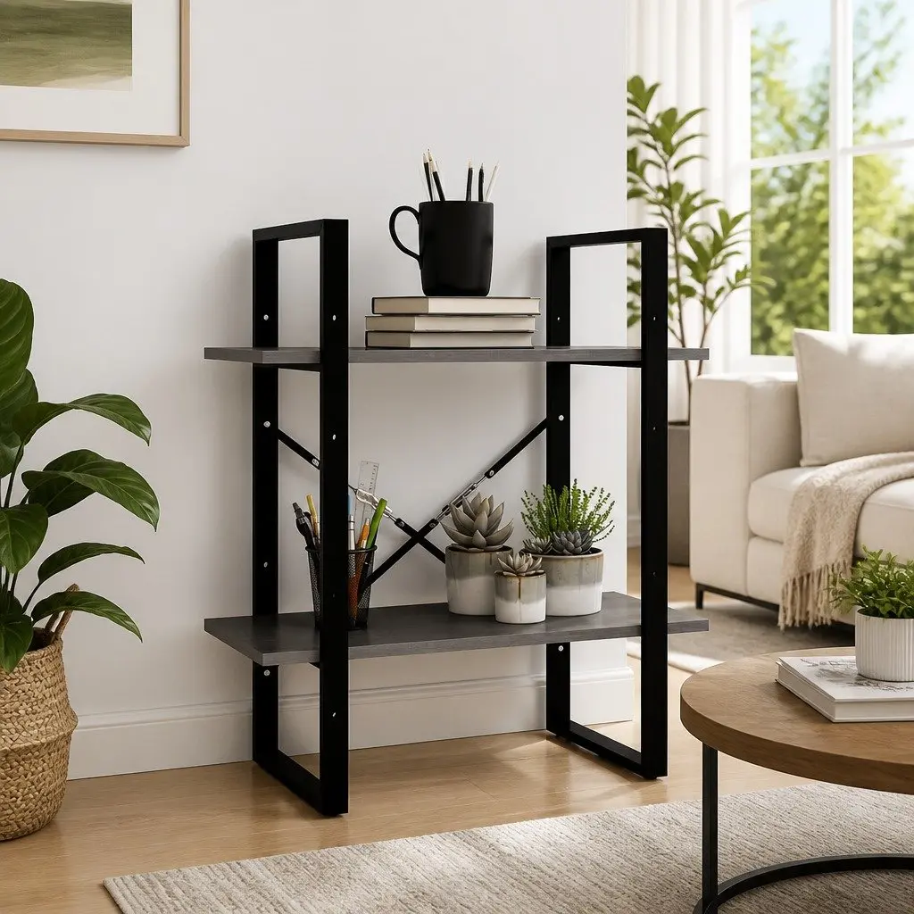 2-Tier Book Cabinet Grey Solid Pine Wood Storage Bookshelf