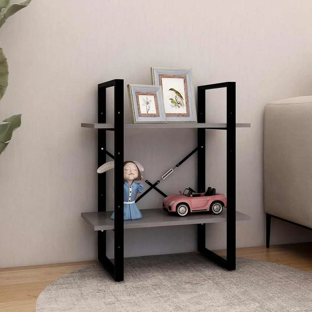 2-Tier Book Cabinet Grey Solid Pine Wood Storage Bookshelf