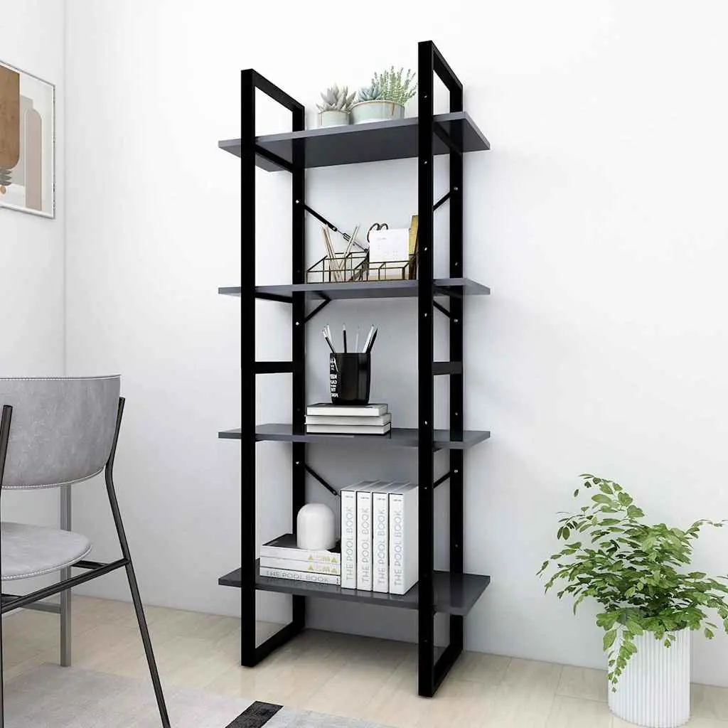 4-Tier Book Cabinet Grey 60x30x140cm Industrial Style Storage Shelving Unit