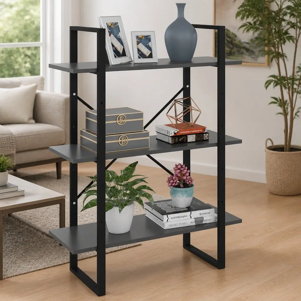 Grey Book Cabinet Storage Unit Engineered Wood Metal Frame 3 Shelves Home Furniture