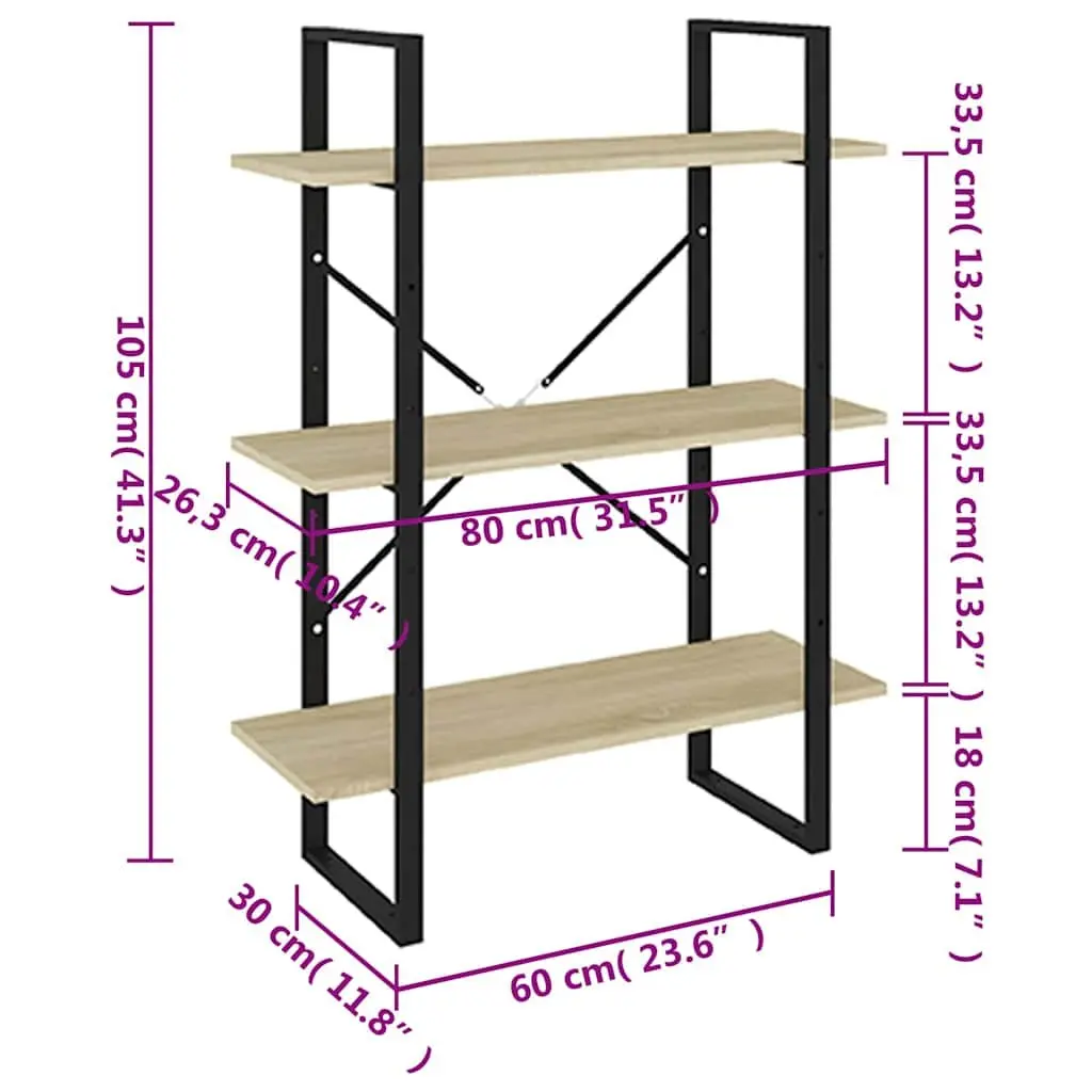 Bookshelf Brown Engineered Wood 80x30x105 cm 3 Shelves Storage
