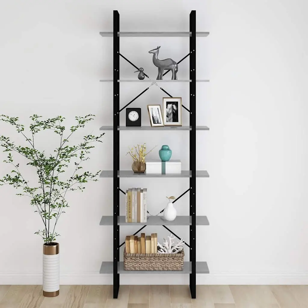 High Cabinet Grey Engineered Wood 6 Shelves Industrial Look Storage Bookcase