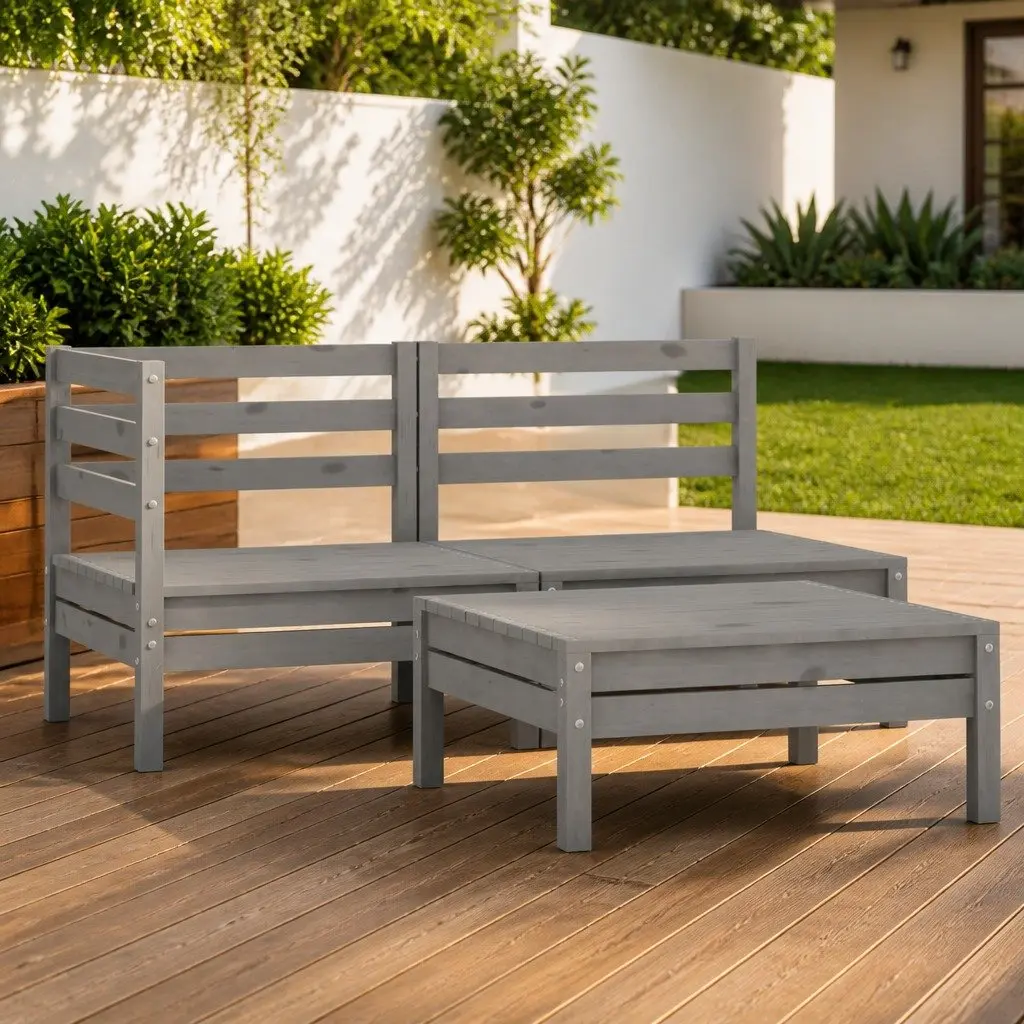 3 Piece Garden Lounge Set Outdoor Patio Furniture Grey Wooden Sofa Seating