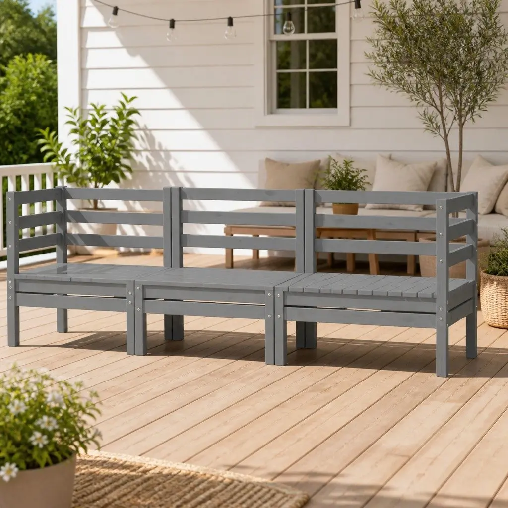 3 Piece Garden Lounge Set Solid Pinewood Patio Sofa Outdoor Furniture Grey