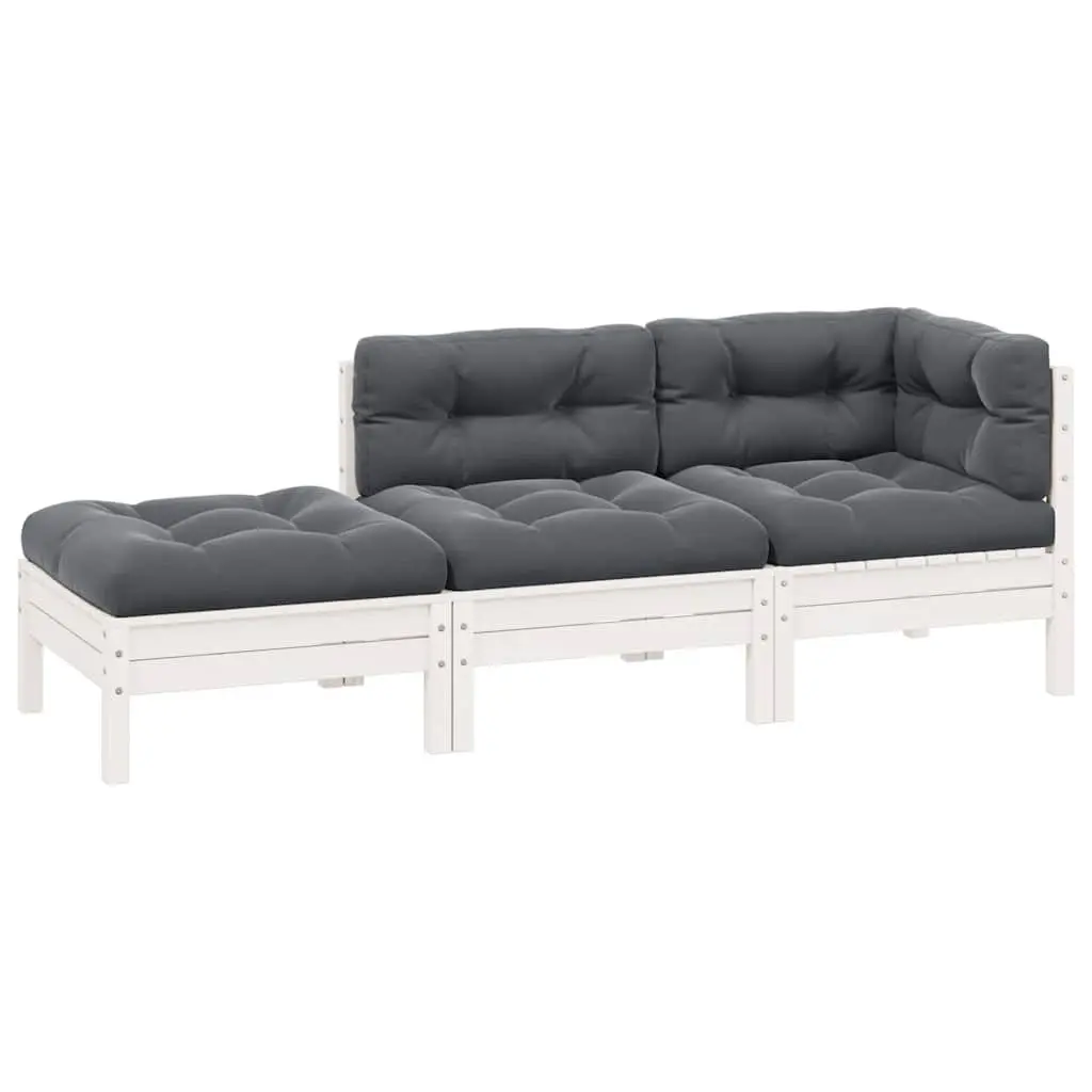 3 Piece Outdoor Garden Lounge Set Sectional Sofa with Cushions White Pinewood
