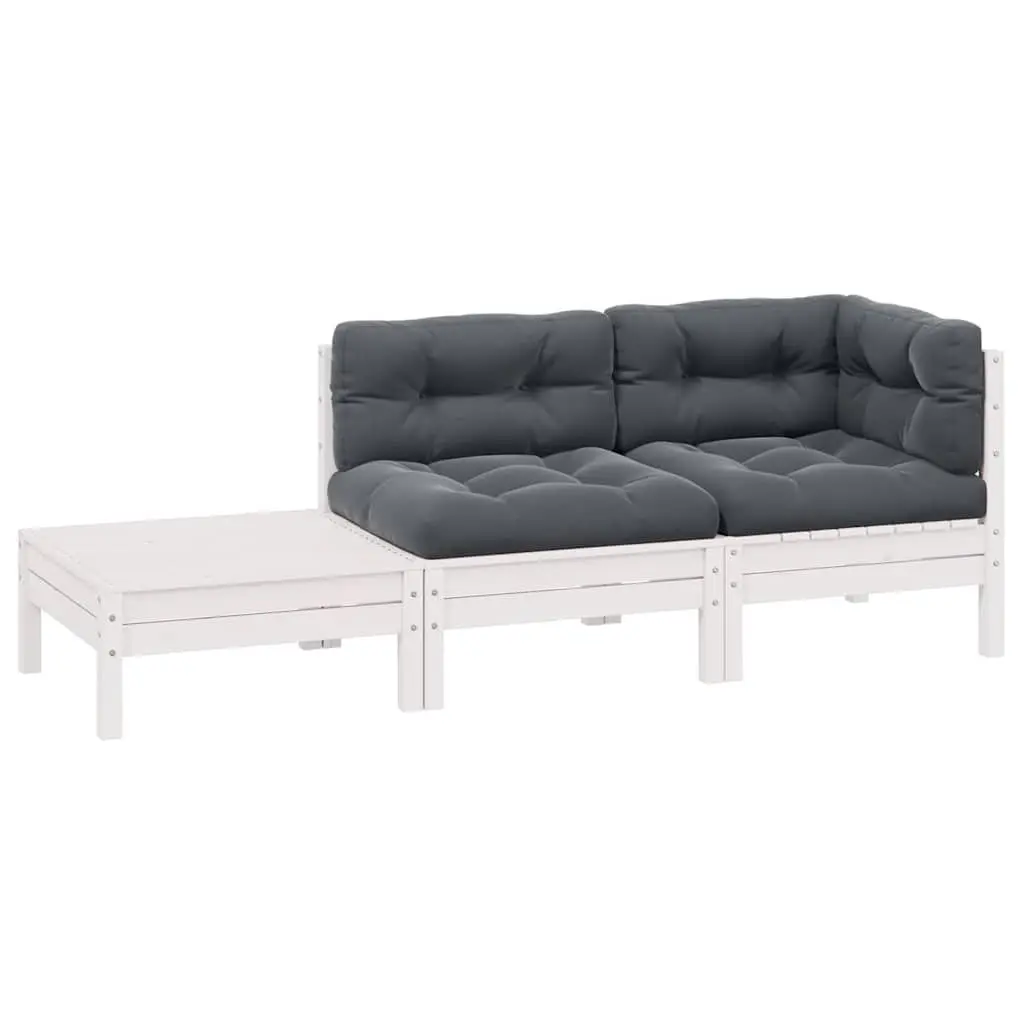 3 Piece Outdoor Garden Lounge Set White Solid Pinewood with Cushions Patio