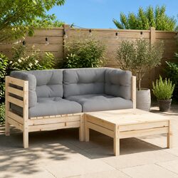 3 Piece Outdoor Garden Lounge Set Grey Cushions Solid Pinewood Sectional Sofa