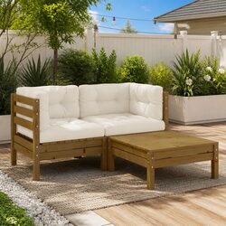 3 Piece Garden Lounge Set Outdoor Patio Sofa Set with Cream Cushions Pinewood