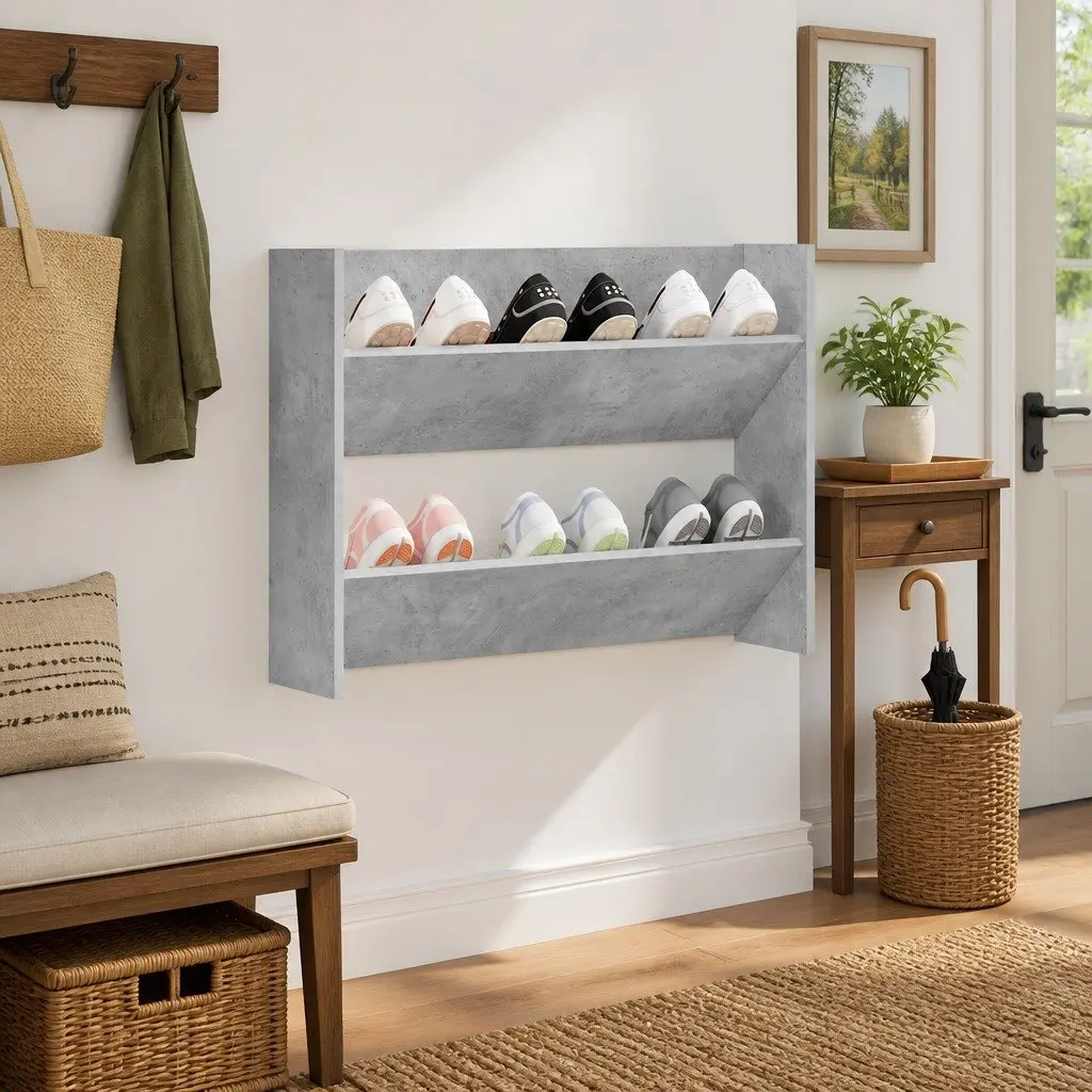 Wall Mounted Shoe Cabinet Grey 80x18x60cm Tipping Shelves Space Saving