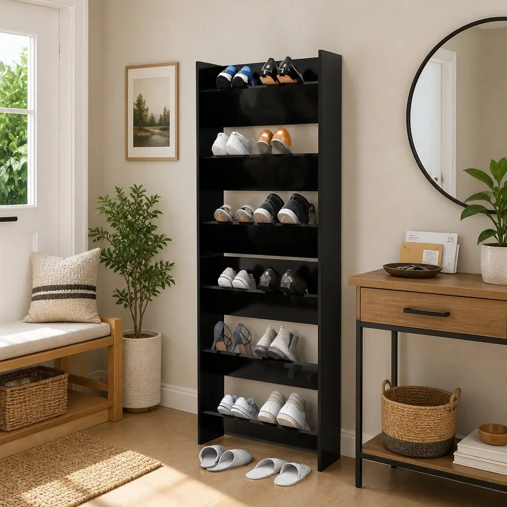 Black Wall Mounted Shoe Cabinet 60x18x90cm with 3 Tipping Shelves for Organised Storage