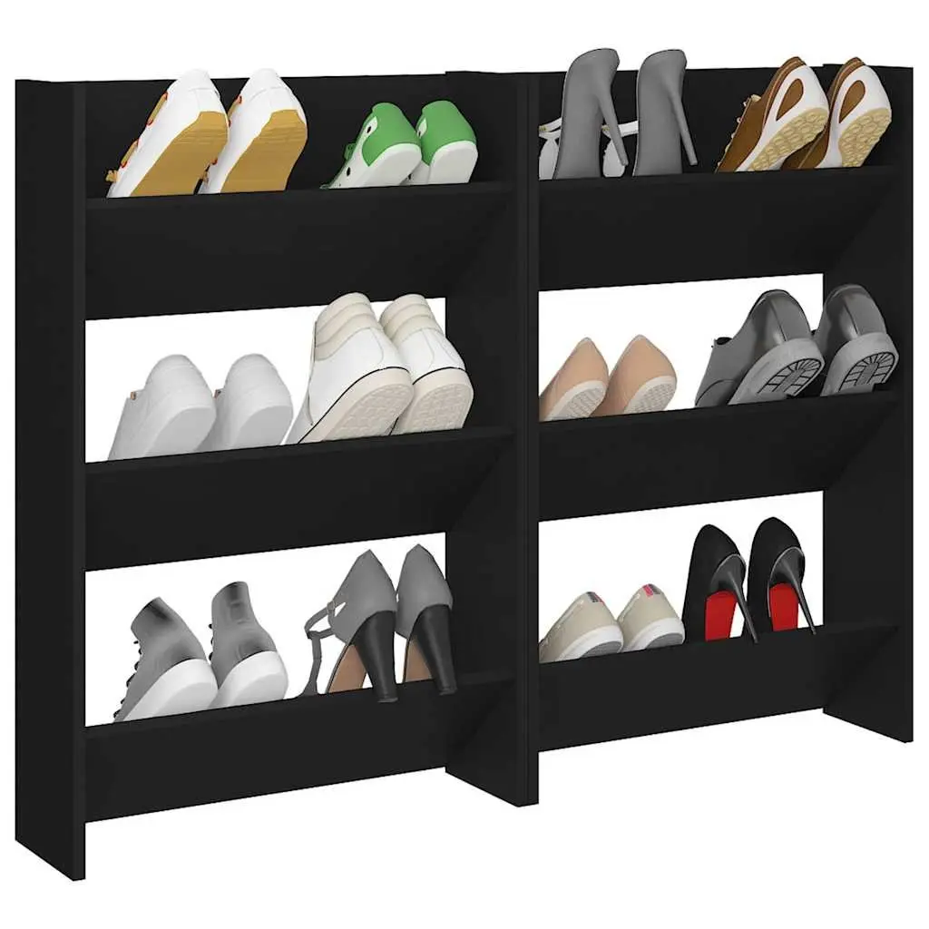 Black Wall Mounted Shoe Cabinet 60x18x90cm with 3 Tipping Shelves for Organised Storage