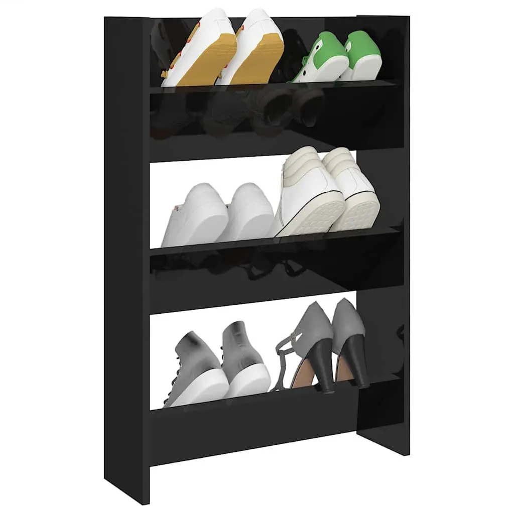 Wall Mounted Shoe Cabinet Black High Gloss 3 Shelves Tipping Storage Organiser