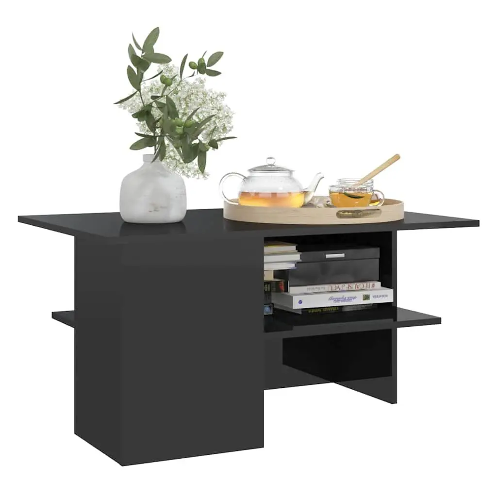 Coffee Table Black Engineered Wood High Gloss Storage Shelf