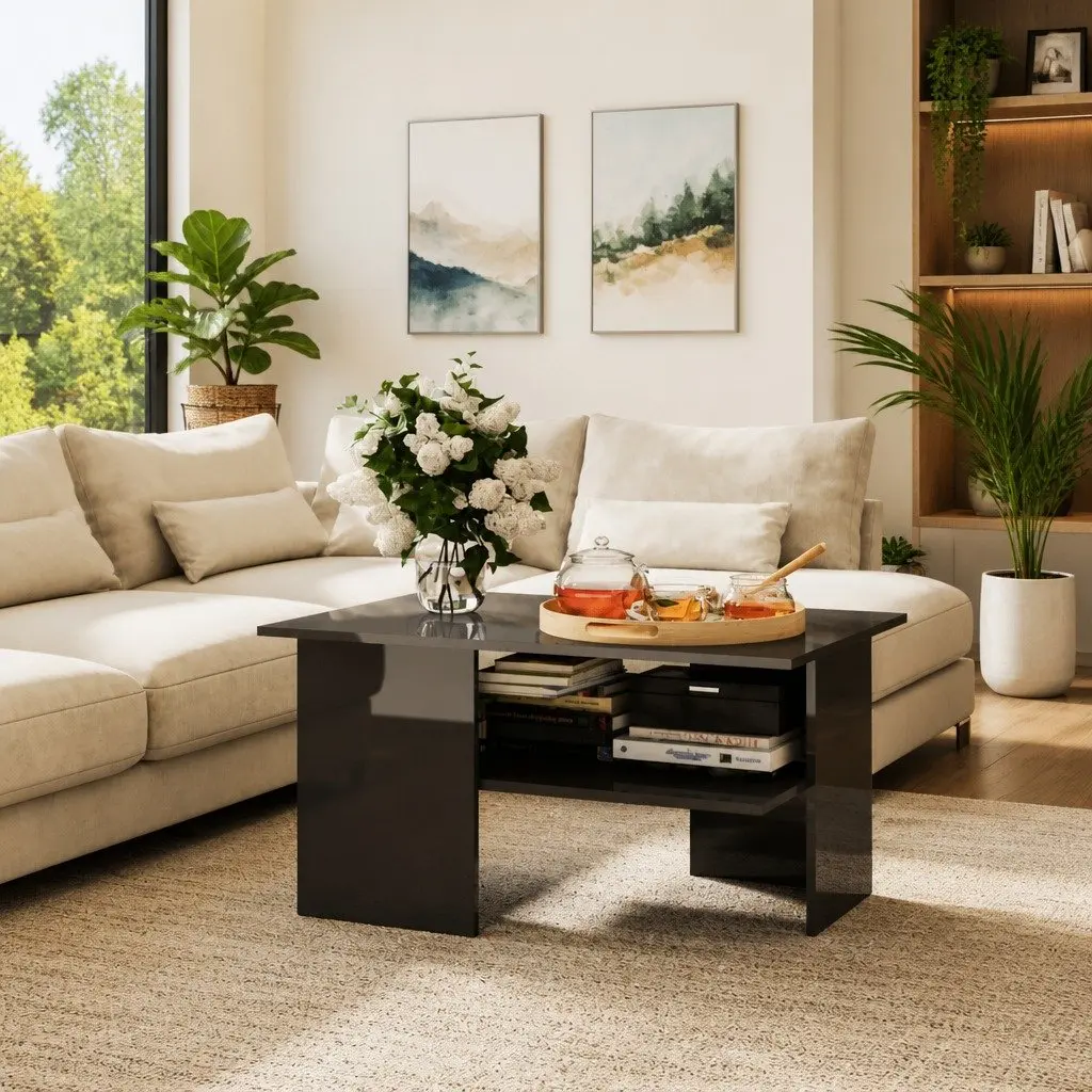 Coffee Table Grey Modern High Gloss Storage Shelf