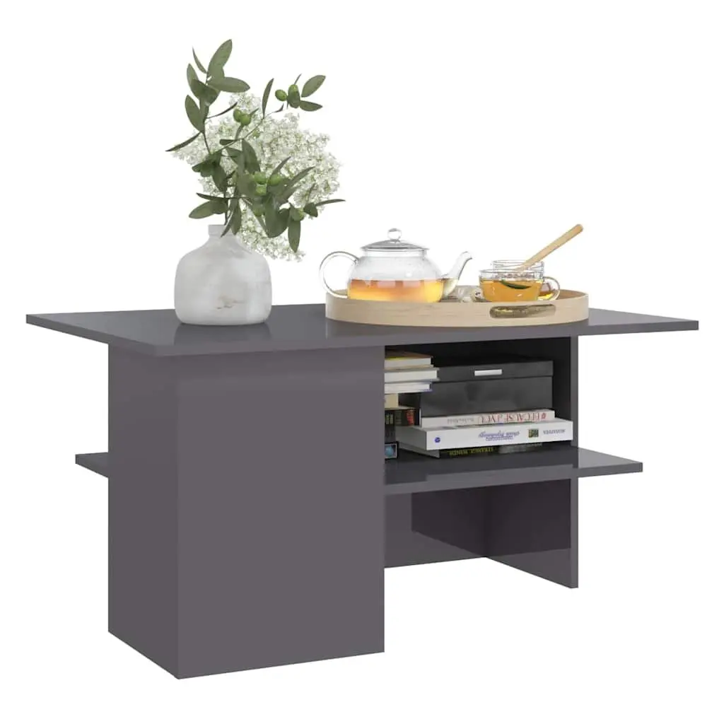 Coffee Table Grey Modern High Gloss Storage Shelf