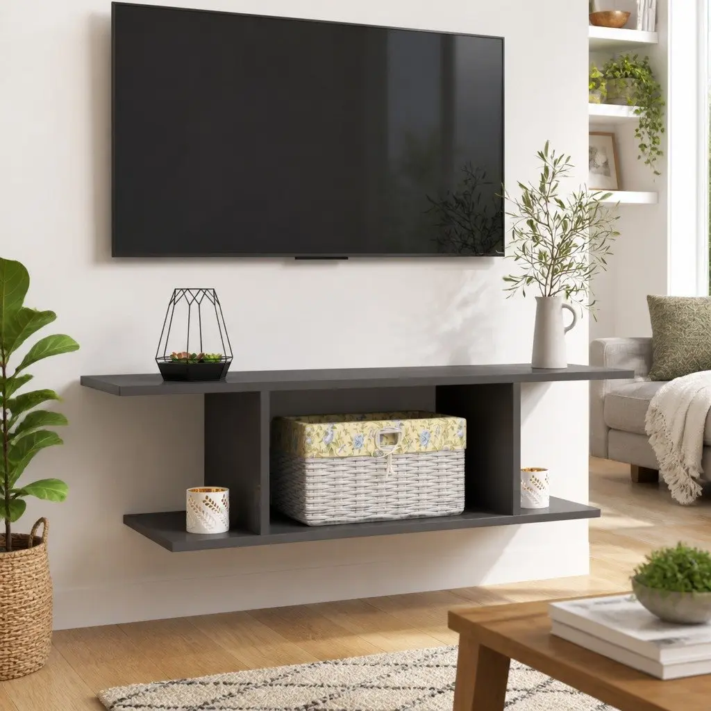 Wall Mounted TV Cabinet High Gloss Grey Living Room Storage Display Unit
