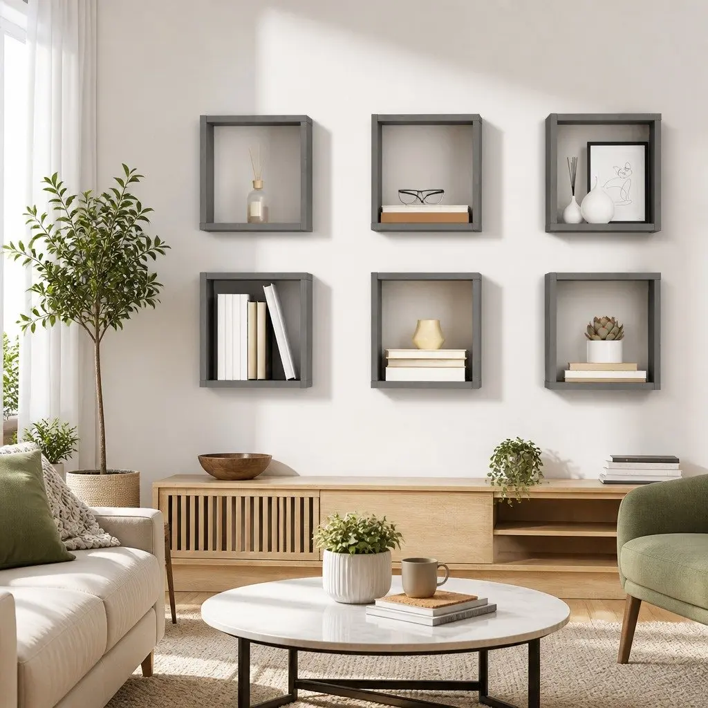 Wall Cube Shelves Grey 6 Piece Floating Storage Display Hanging Organiser