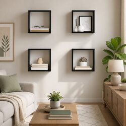 4 Grey Floating Cube Shelves for Storage